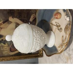 Vintage Milk Glass Lidded Jar | Embossed Floral Vanity Jar | Romantic Decor